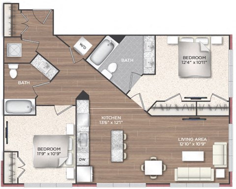 Floor plan for 2 beds, 2 baths, 1030 sqft